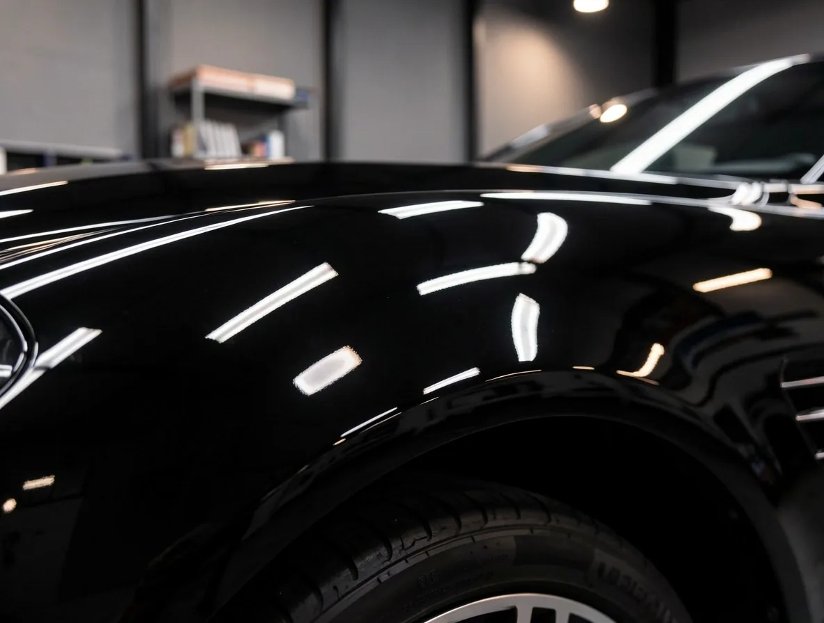Reflet de précision sur carrosserie traitée en céramique dans l'atelier Mavenoora
