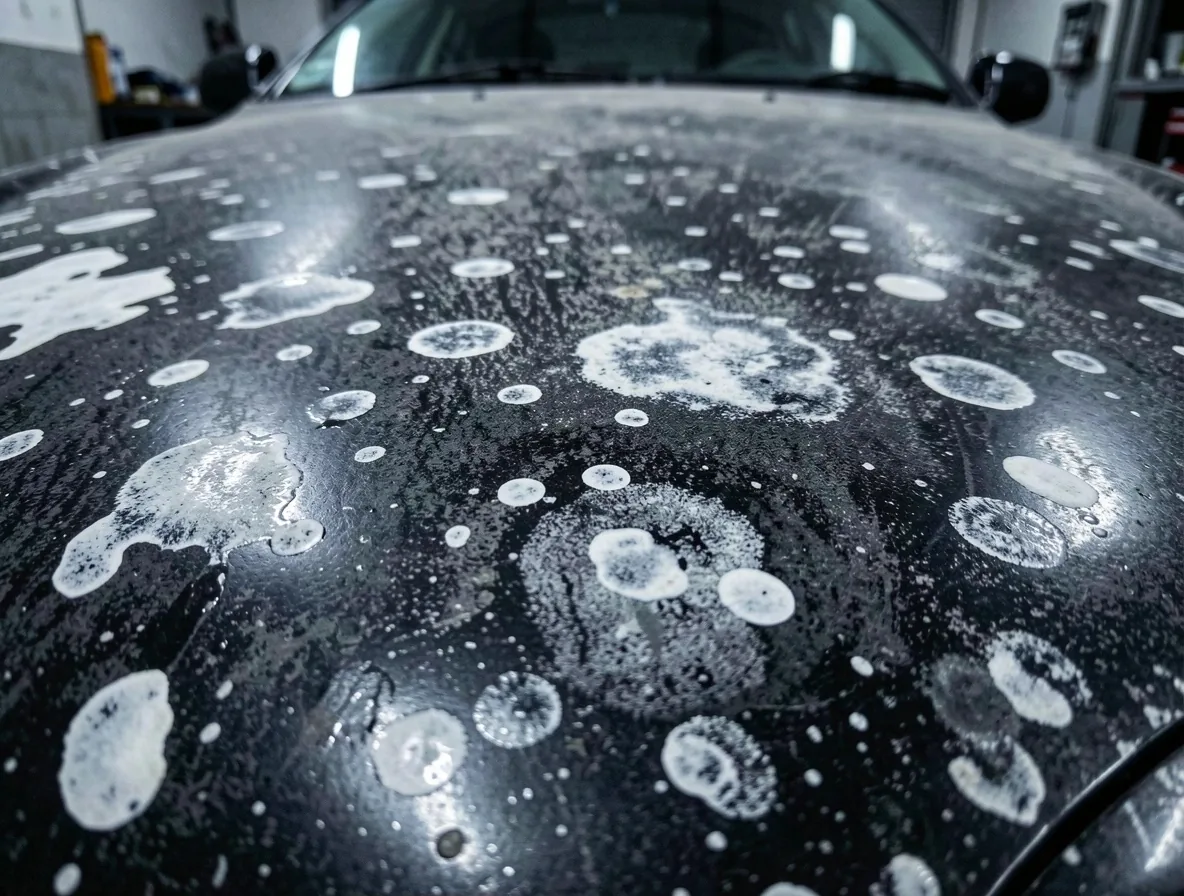 Capot sombre avec taches d'eau et ternissement avant décontamination
