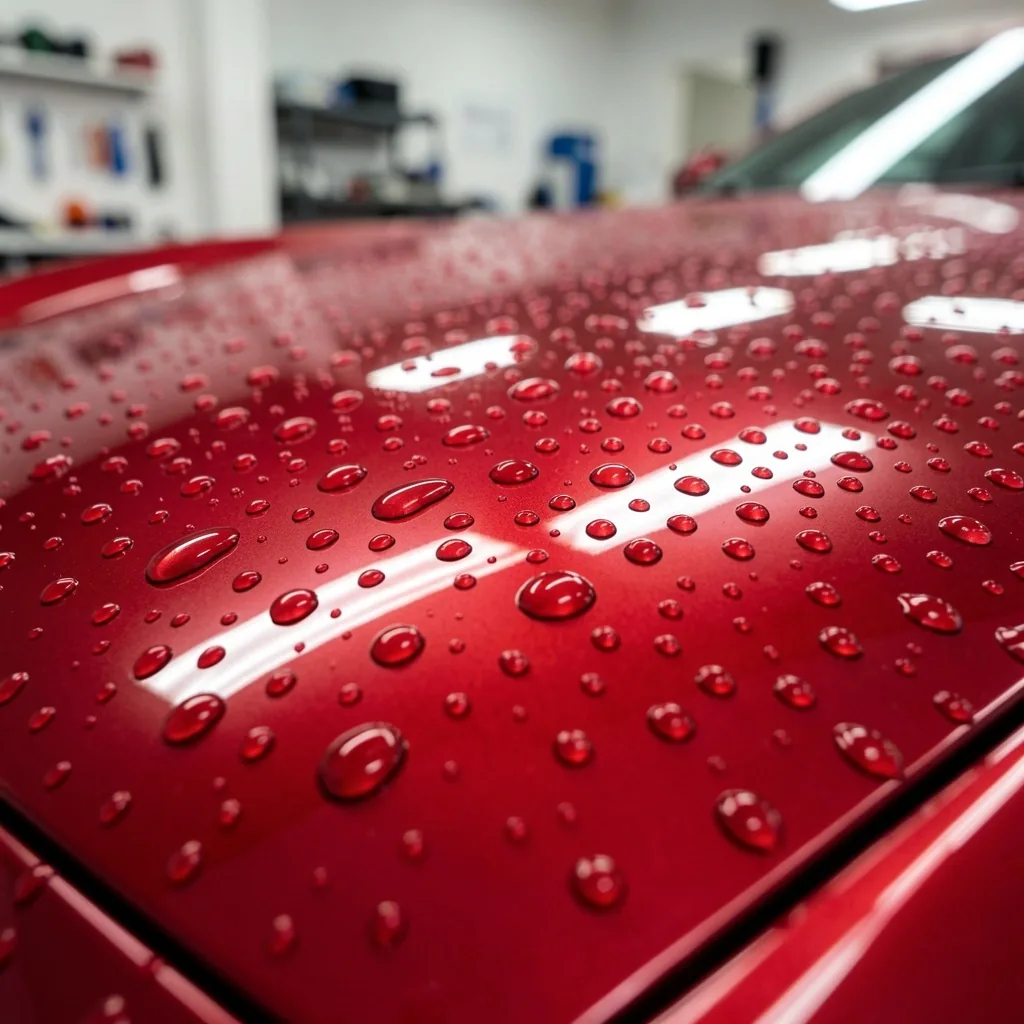 Perles d'eau sphériques parfaites sur vernis rouge traité avec protection céramique Mavenoora