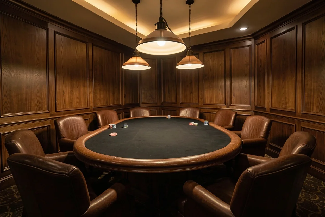 Salon privé de poker Mavenoora avec table de jeu professionnelle et boiseries sombres