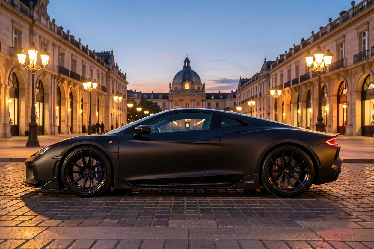 Supercar moderne avec éléments aérodynamiques en carbone place du Capitole à Toulouse