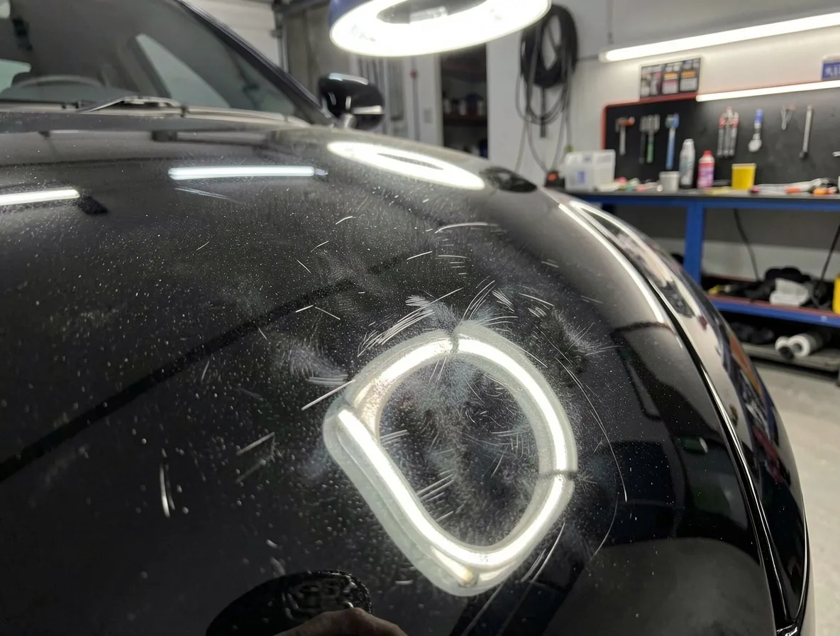 Vernis automobile terni avec tourbillons et micro-rayures avant polissage