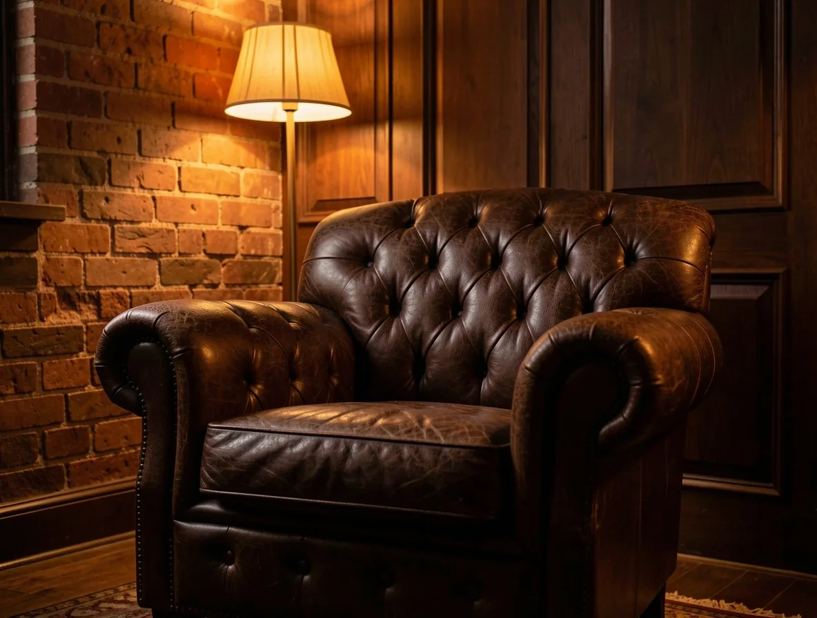 Fauteuils en cuir et ambiance feutrée du salon