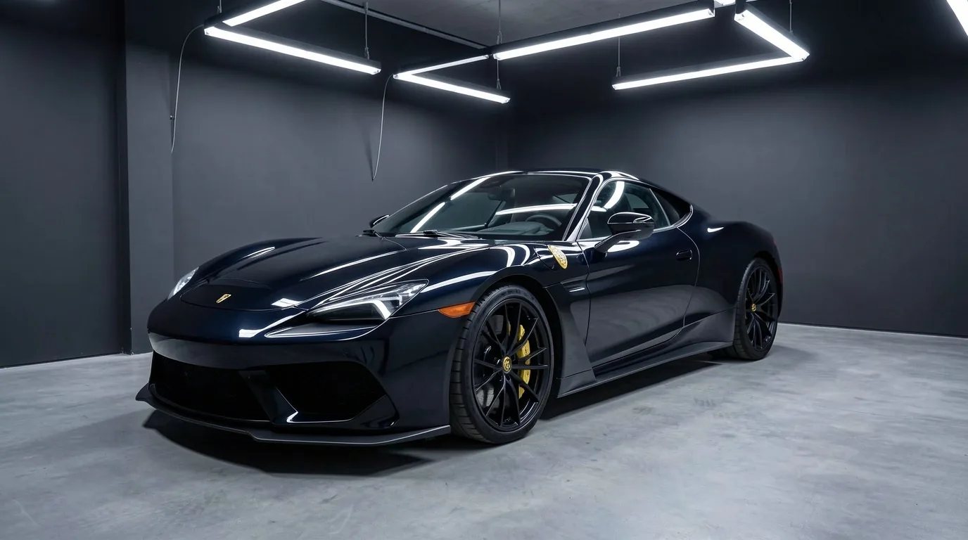 Atelier de detailing Mavenoora à Toulouse avec véhicule sous éclairage scialytique